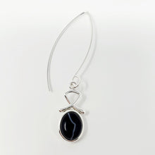 Load image into Gallery viewer, 10 x 8 Black Lace Agate Oval Cabochon Earrings mounted on a Sterling Silver Component made with an oversized Argentium Silver Ear Wire

