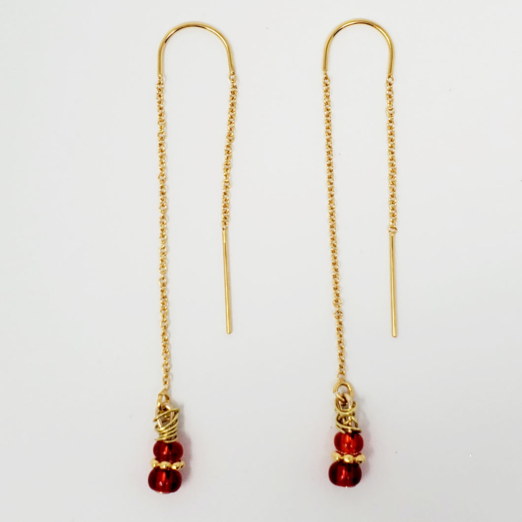 14k Gold-Filled U-Bar Threader Earrings with 2 Red Beads