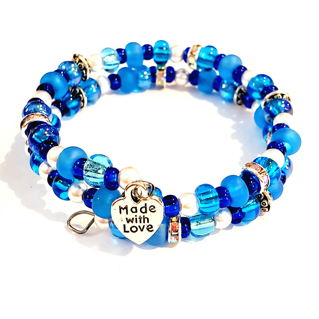 Double Wrap Blue, White and Silver Beaded Wire Bracelet