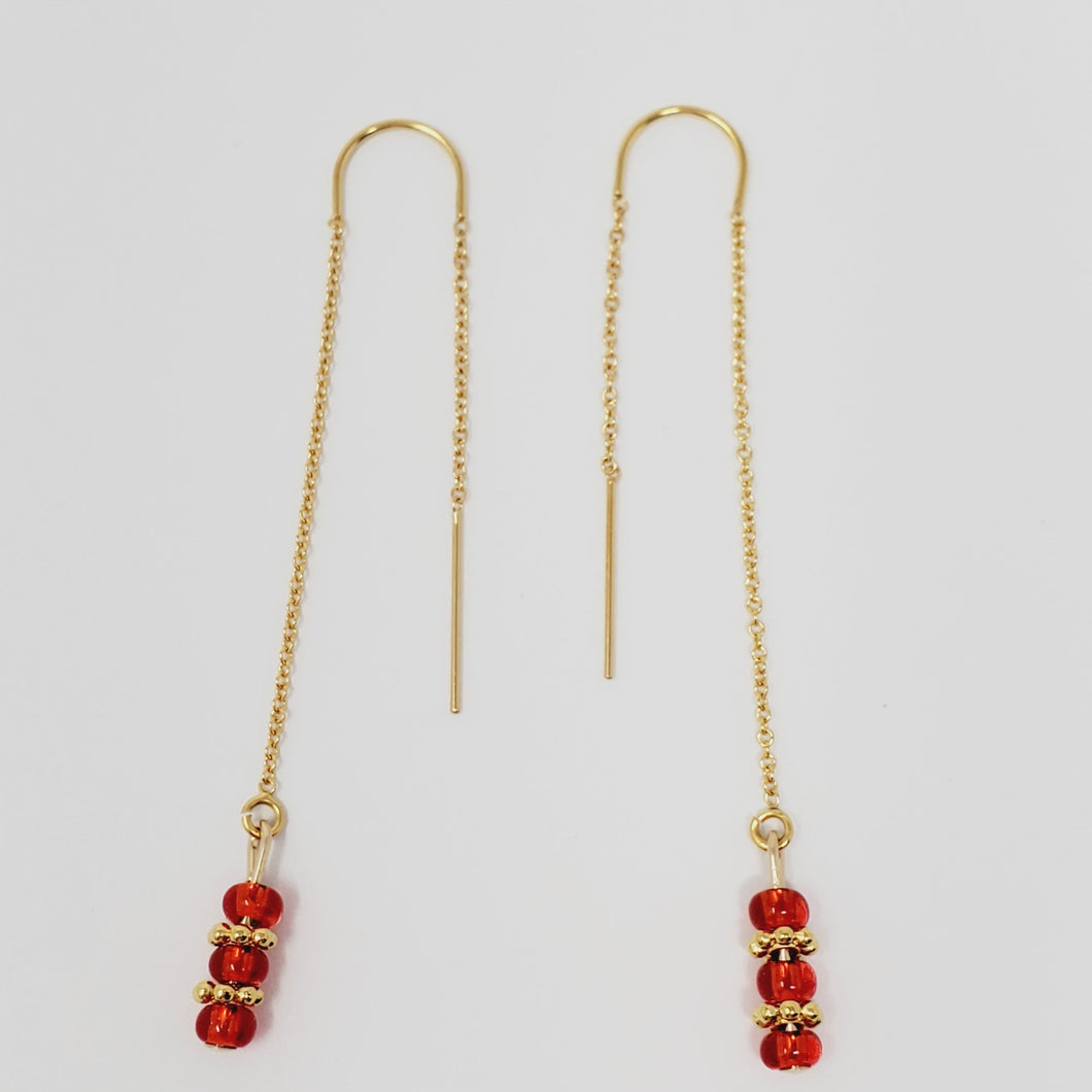 14k Gold-Filled U-Bar Threader Earrings with 3 Red Beads
