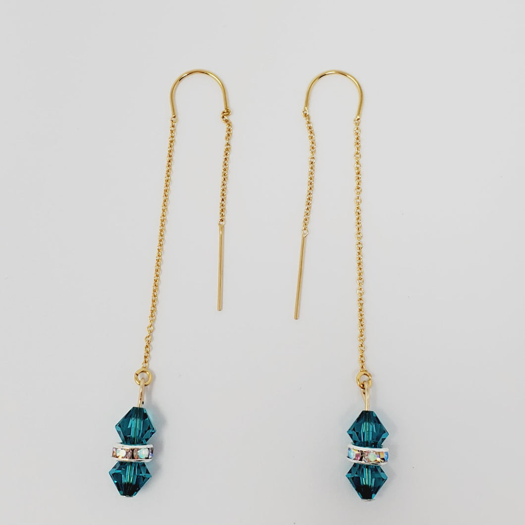14k Gold-Filled U-Bar Threader Earrings with 2 Emerald Crystal Beads and CZ Spacer