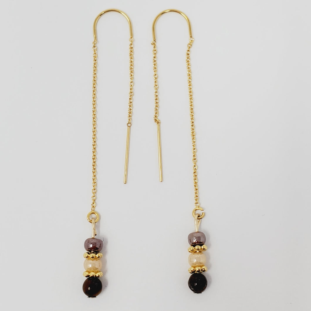 14k Gold-Filled U-Bar Threader Earrings with a Tigers Eye, Pearl and Champagne Beads