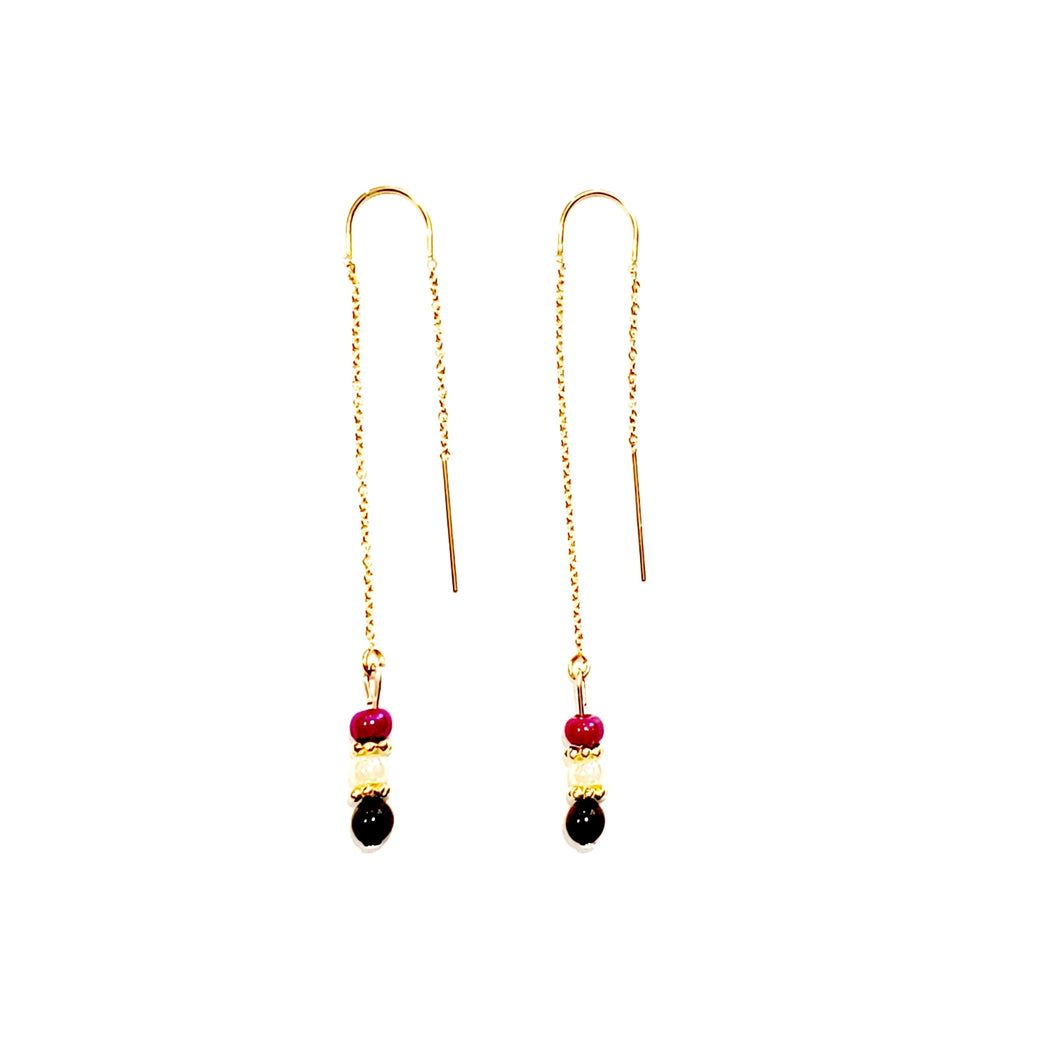 14k Gold-Filled U-Bar Threader Earrings with a Tigers Eye, Pearl and Fuchsia Pink Bead