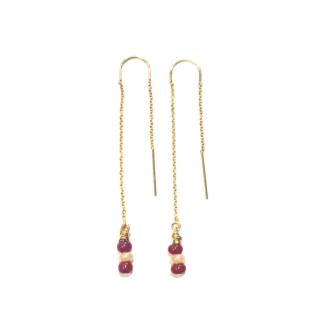 14k Gold-Filled U-Bar Threader Earrings with a peal and  2 Fuchsia Pink Beads