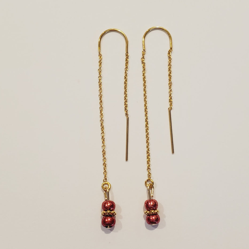14k Gold-Filled U-Bar Threader Earrings 2 Pink Beads